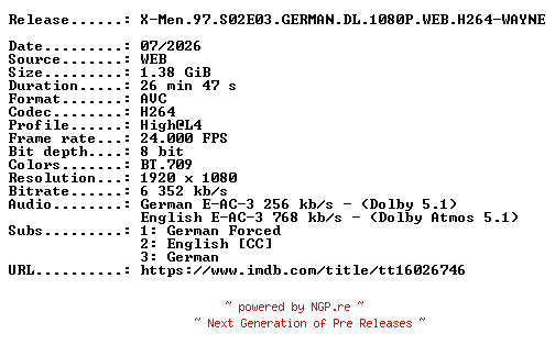 NFO for the release X-Men.97.S02E03.GERMAN.DL.1080P.WEB.H264-WAYNE by WAYNE