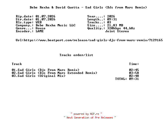 NFO for the release Bebe_Rexha_And_David_Guetta_-_Sad_Girls_(Djs_From_Mars_Remix)-WEB-2026-FMC by FMC
