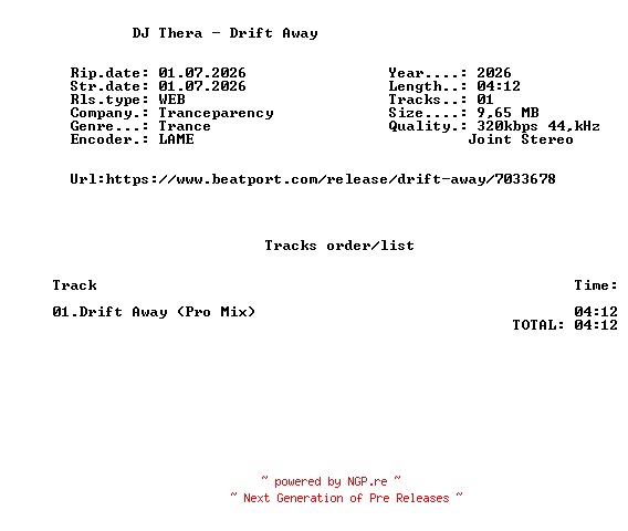 NFO for the release DJ_Thera_-_Drift_Away-(TPCYPRO022)-SINGLE-WEB-2026-FMC by FMC