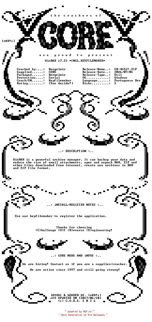 NFO for the release WinRAR.v7.23.x64.Portuguese.Brazilian.Incl.Keyfilemaker-CORE by CORE