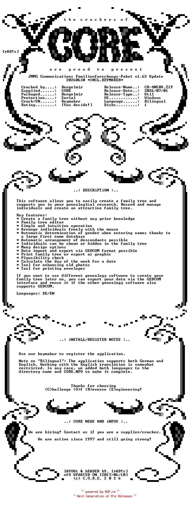 NFO for the release JMMG.Communications.Familienforschungs-Paket.v1.62.Update.20260630.Bilingual.Incl.Keymaker-CORE by CORE