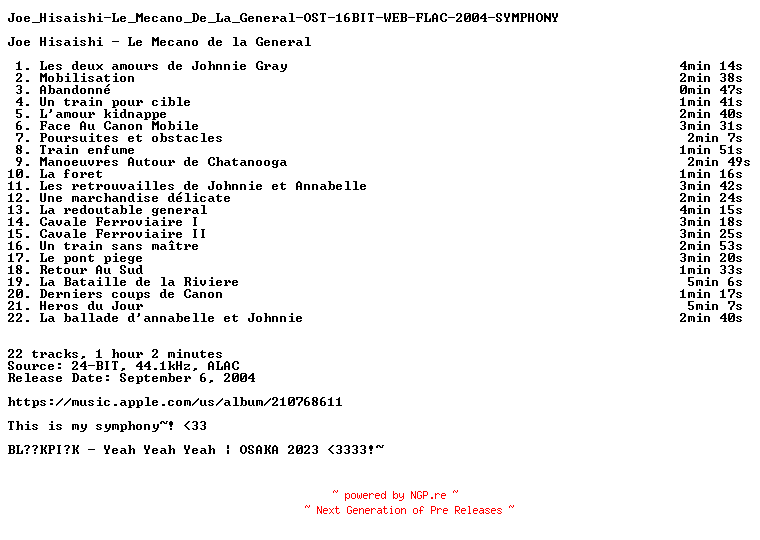 NFO for the release Joe_Hisaishi-Le_Mecano_De_La_General-OST-16BIT-WEB-FLAC-2004-SYMPHONY by SYMPHONY