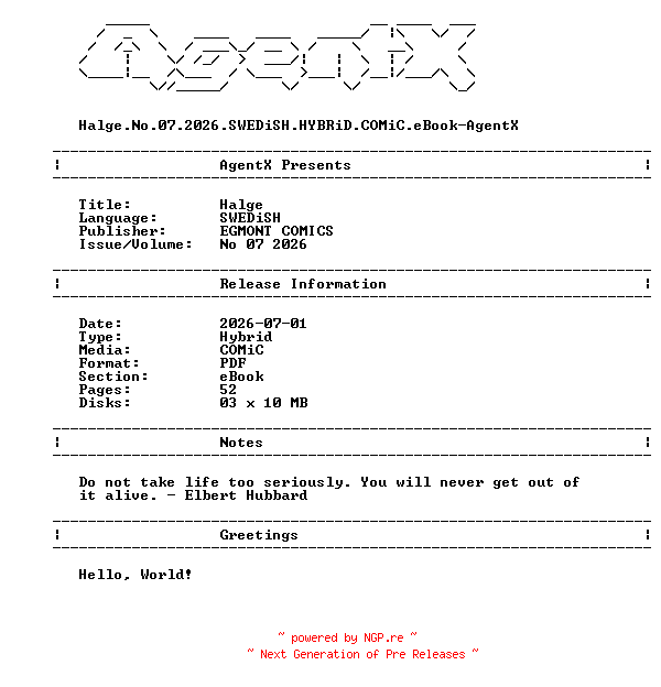 NFO for the release Halge.No.07.2026.SWEDiSH.HYBRiD.COMiC.eBook-AgentX by AgentX