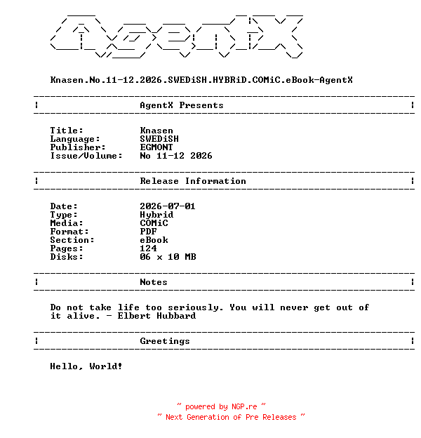 NFO for the release Knasen.No.11-12.2026.SWEDiSH.HYBRiD.COMiC.eBook-AgentX by AgentX