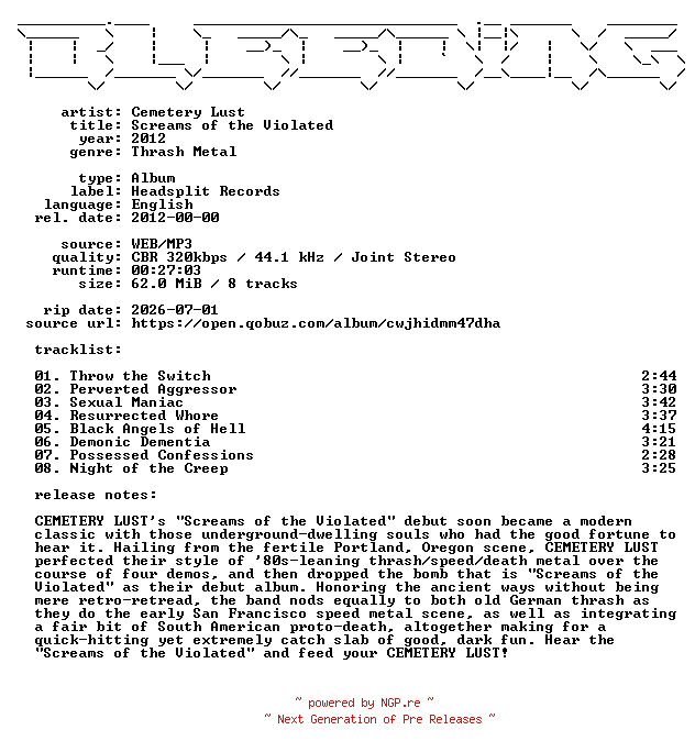 NFO for the release Cemetery_Lust-Screams_of_the_Violated-WEB-2012-BLEEDiNG by BLEEDiNG