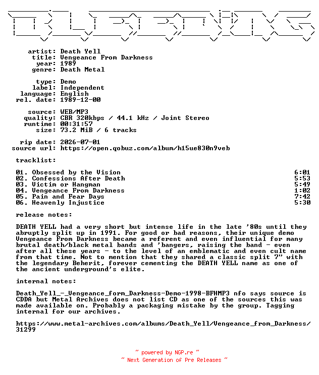 NFO for the release Death_Yell-Vengeance_From_Darkness-Demo-WEB-1989-BLEEDiNG_iNT by BLEEDiNG_iNT