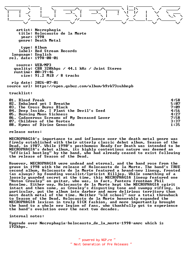 NFO for the release Necrophagia-Holocausto_de_la_Morte-WEB-1998-BLEEDiNG_iNT by BLEEDiNG_iNT