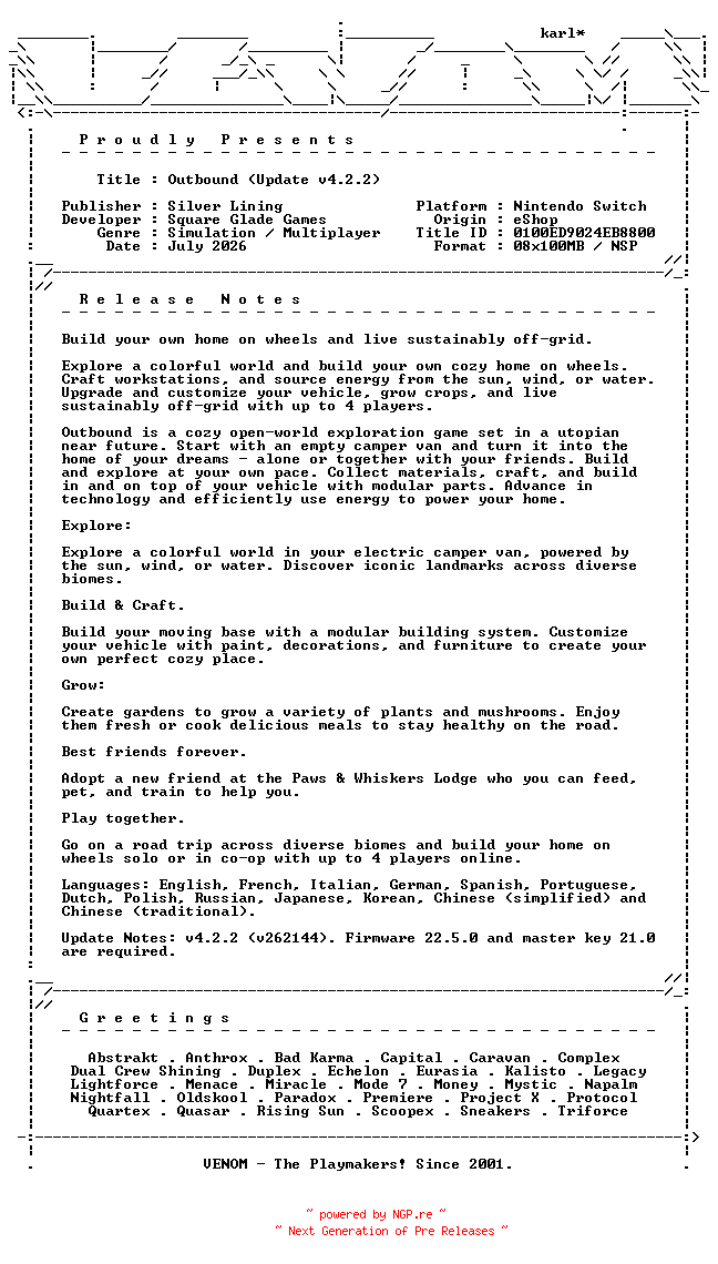 NFO for the release Outbound_Update_v4.2.2_NSW-VENOM by VENOM