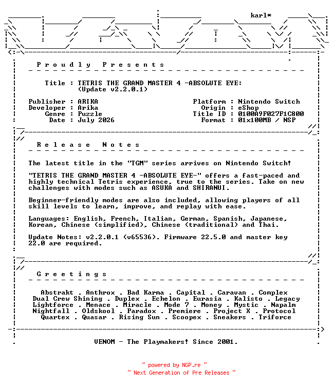 NFO for the release TETRIS_THE_GRAND_MASTER_4_ABSOLUTE_EYE_Update_v2.2.0.1_NSW-VENOM by VENOM