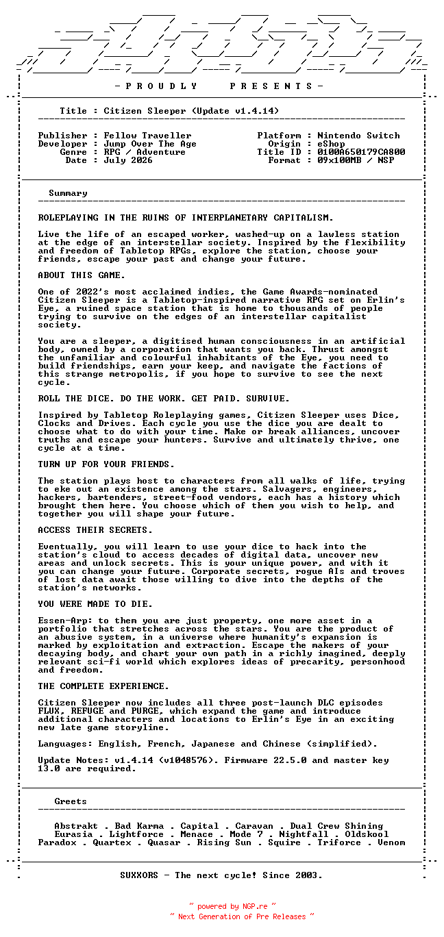 NFO for the release Citizen_Sleeper_Update_v1.4.14_NSW-SUXXORS by SUXXORS