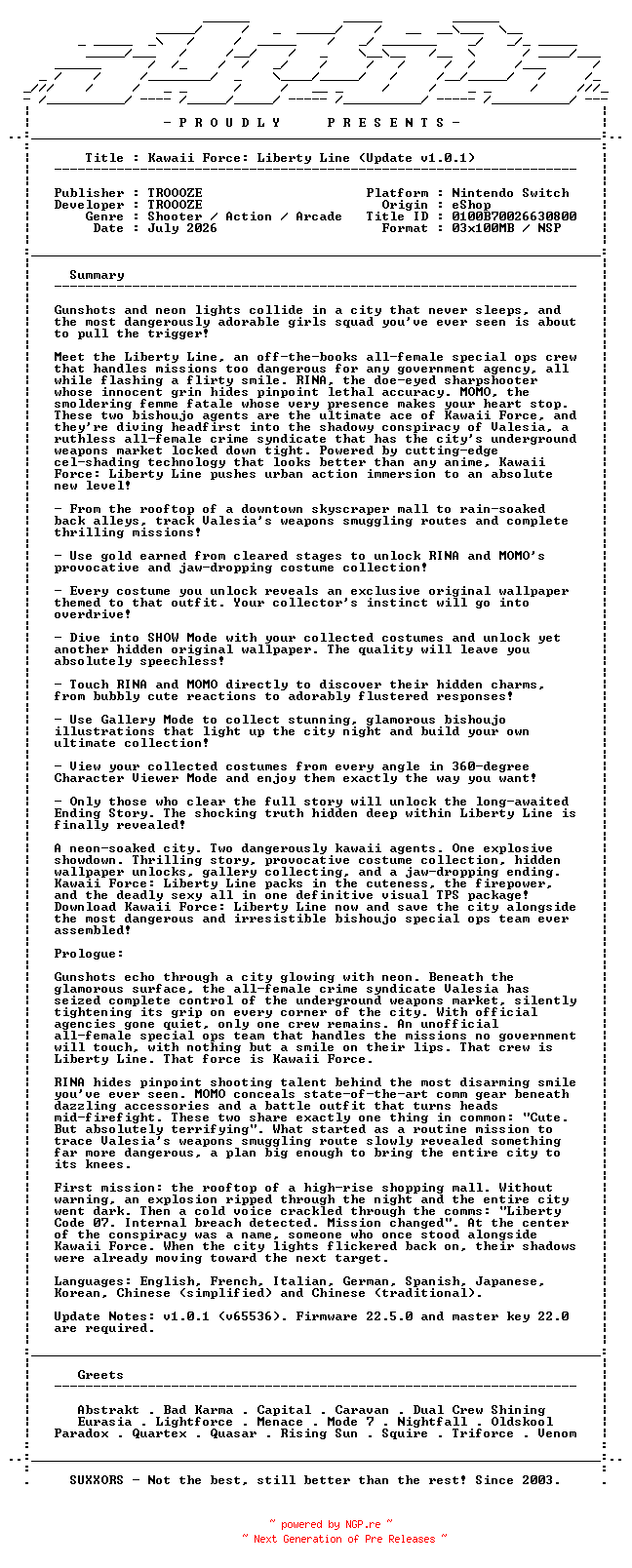 NFO for the release Kawaii_Force_Liberty_Line_Update_v1.0.1_NSW-SUXXORS by SUXXORS