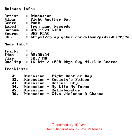 NFO for the release Dimension-Fight_Another_Day-16BIT-44KHZ-WEB-FLAC-2026-CBR by CBR