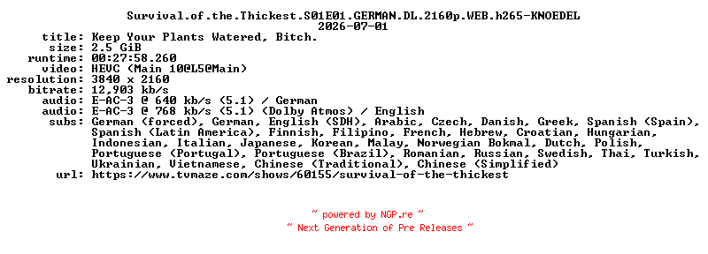 NFO for the release Survival.of.the.Thickest.S01E01.GERMAN.DL.2160p.WEB.h265-KNOEDEL by KNOEDEL