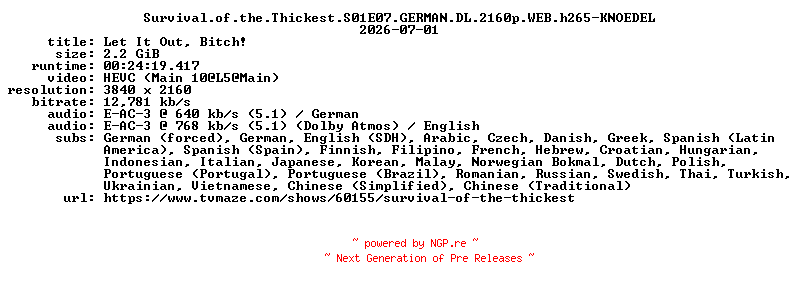 NFO for the release Survival.of.the.Thickest.S01E07.GERMAN.DL.2160p.WEB.h265-KNOEDEL by KNOEDEL