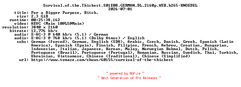 NFO for the release Survival.of.the.Thickest.S01E08.GERMAN.DL.2160p.WEB.h265-KNOEDEL by KNOEDEL