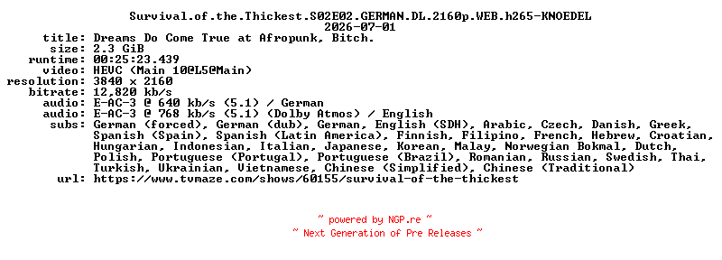 NFO for the release Survival.of.the.Thickest.S02E02.GERMAN.DL.2160p.WEB.h265-KNOEDEL by KNOEDEL