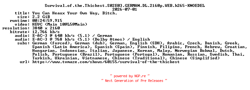 NFO for the release Survival.of.the.Thickest.S02E03.GERMAN.DL.2160p.WEB.h265-KNOEDEL by KNOEDEL