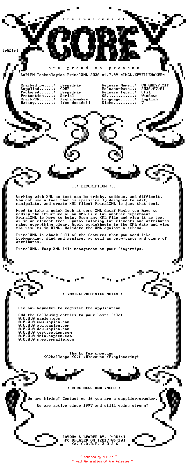 NFO for the release SAPIEN.Technologies.PrimalXML.2026.v4.7.89.ARM64.Incl.Keyfilemaker-CORE by CORE