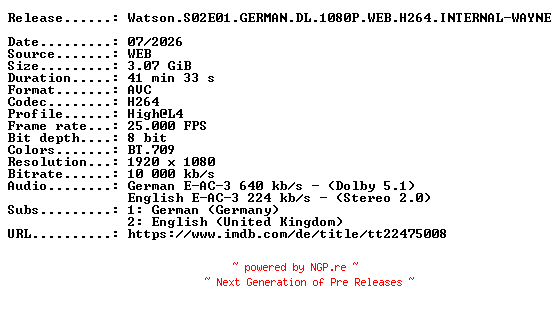 NFO for the release Watson.S02E01.GERMAN.DL.1080P.WEB.H264.INTERNAL-WAYNE by WAYNE