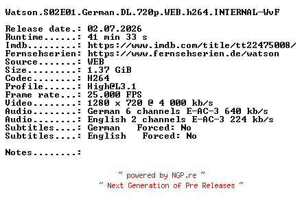 NFO for the release Watson.S02E01.German.DL.720p.WEB.h264.INTERNAL-WvF by WvF