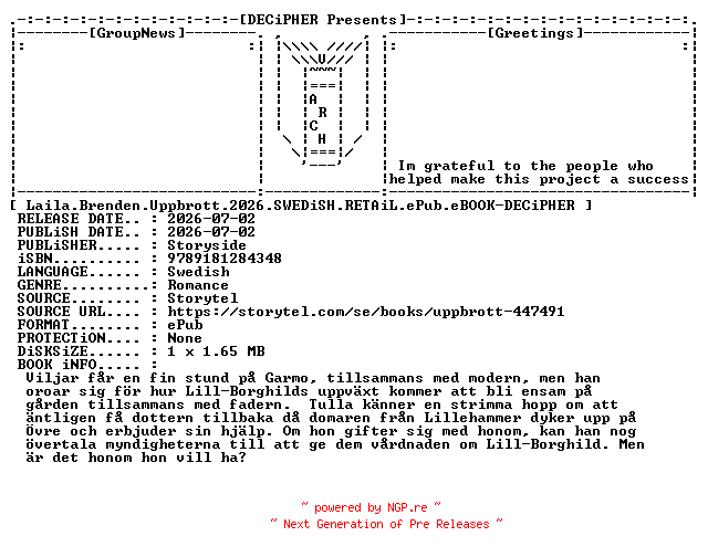 NFO for the release Laila.Brenden.Uppbrott.2026.SWEDiSH.RETAiL.ePub.eBOOK-DECiPHER by DECiPHER