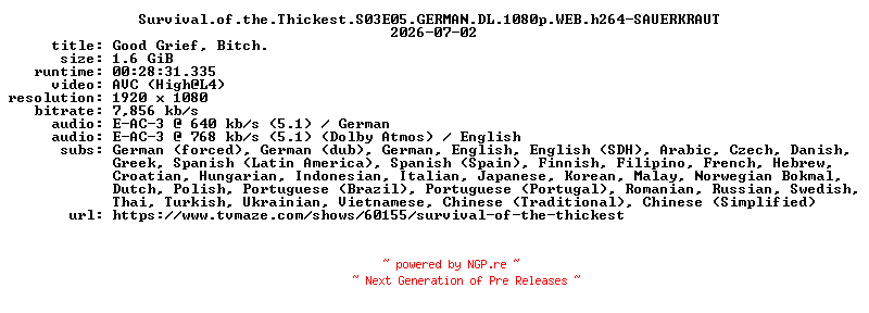 NFO for the release Survival.of.the.Thickest.S03E05.GERMAN.DL.1080p.WEB.h264-SAUERKRAUT by SAUERKRAUT