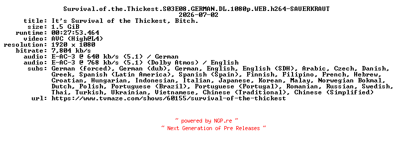 NFO for the release Survival.of.the.Thickest.S03E08.GERMAN.DL.1080p.WEB.h264-SAUERKRAUT by SAUERKRAUT