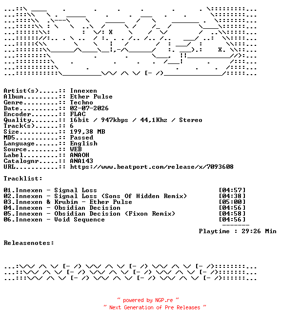 NFO for the release Innexen-Ether_Pulse-ANA143-16BIT-WEB-FLAC-2026-WAVED by WAVED