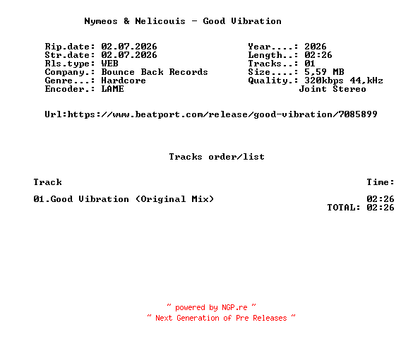 NFO for the release Nymeos_And_Nelicouis_-_Good_Vibration-(BBR101)-SINGLE-WEB-2026-FMC by FMC