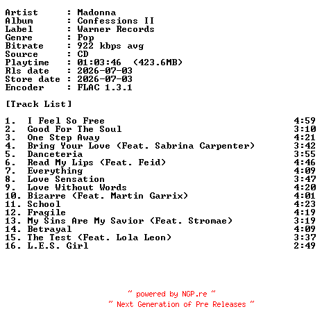 NFO for the release Madonna-Confessions_II-CD-FLAC-2026-PERFECT by PERFECT