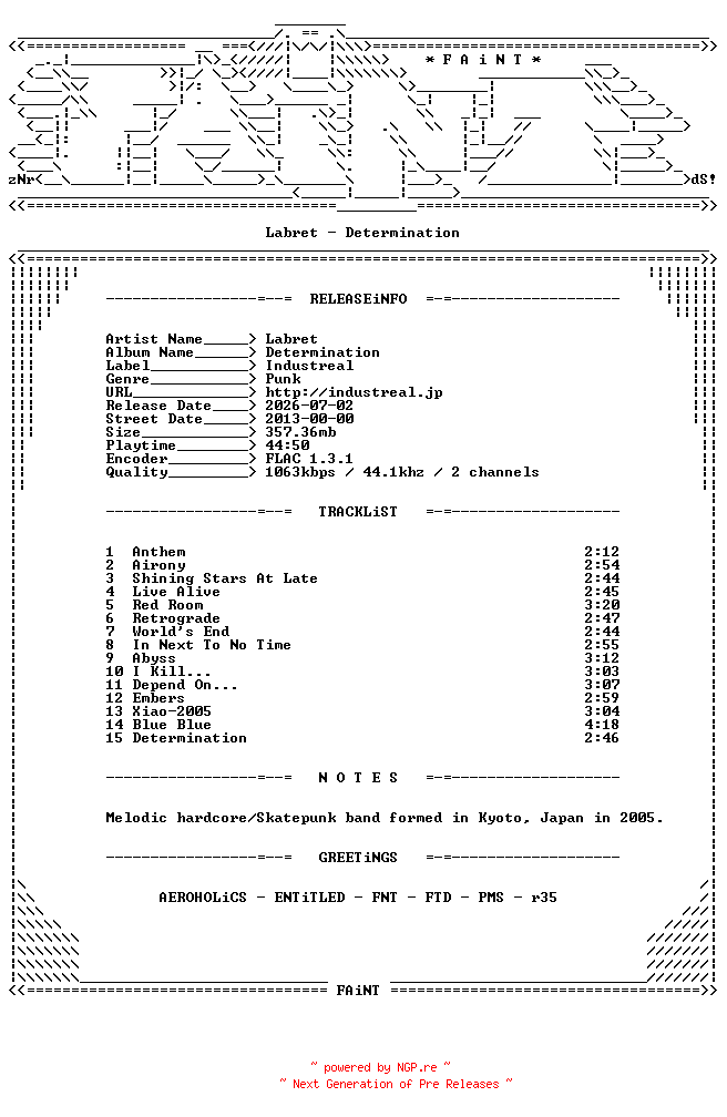 NFO for the release Labret-Determination-CD-FLAC-2013-FAiNT by FAiNT