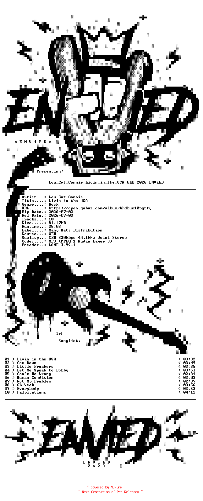 NFO for the release Low_Cut_Connie-Livin_in_the_USA-WEB-2026-ENViED by ENViED