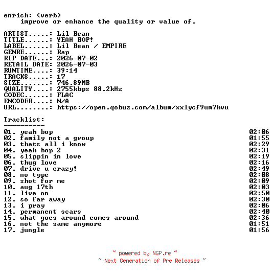 NFO for the release Lil_Bean-YEAH_BOP-24BIT-WEB-FLAC-2026-ENRiCH by ENRiCH