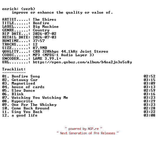 NFO for the release The_Shires-Bonfire-WEB-2026-ENRiCH by ENRiCH