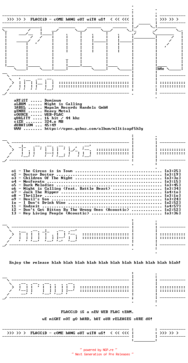 NFO for the release Dominum-Night_is_Calling-16BIT-WEB-FLAC-2026-FLACCiD by FLACCiD