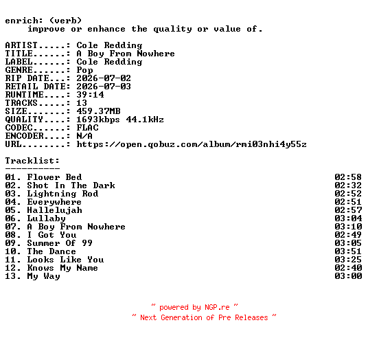 NFO for the release Cole_Redding-A_Boy_From_Nowhere-24BIT-WEB-FLAC-2026-ENRiCH by ENRiCH