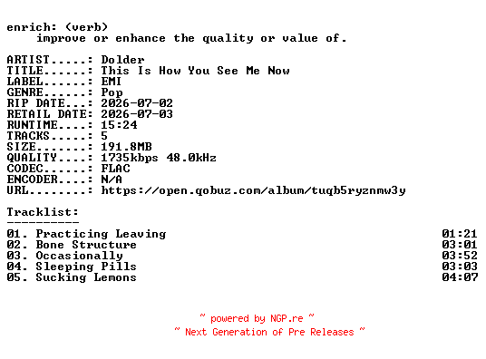 NFO for the release Dolder-This_Is_How_You_See_Me_Now-EP-24BIT-WEB-FLAC-2026-ENRiCH by ENRiCH
