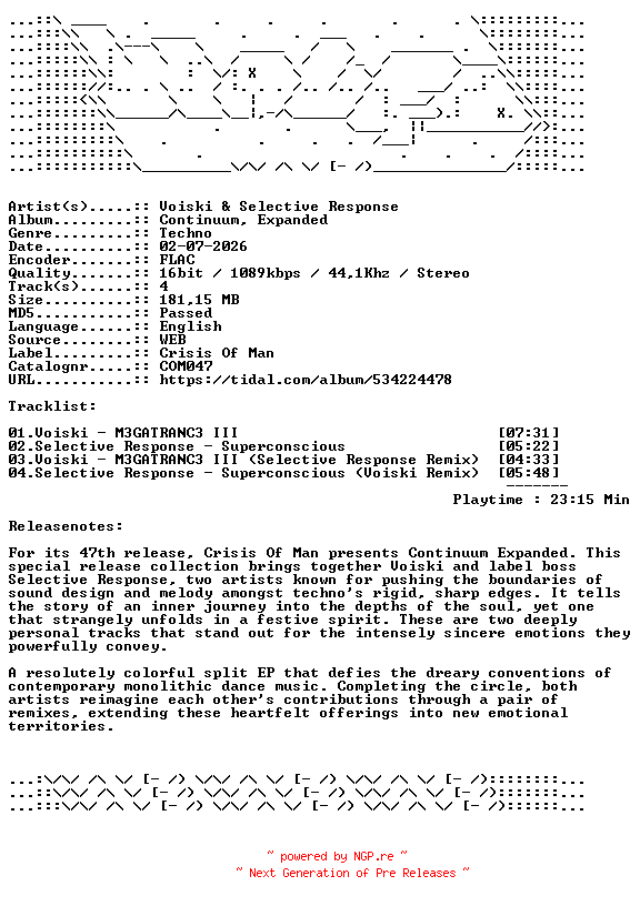 NFO for the release Voiski_And_Selective_Response-Continuum_Expanded-COM047-16BIT-WEB-FLAC-2026-WAVED by WAVED