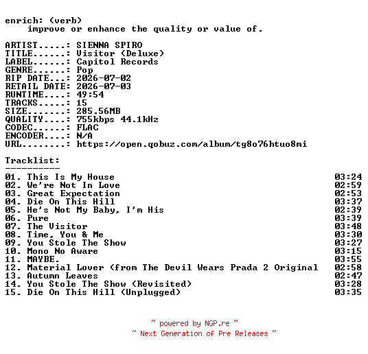 NFO for the release SIENNA_SPIRO-Visitor_(Deluxe)-16BIT-WEB-FLAC-2026-ENRiCH by ENRiCH