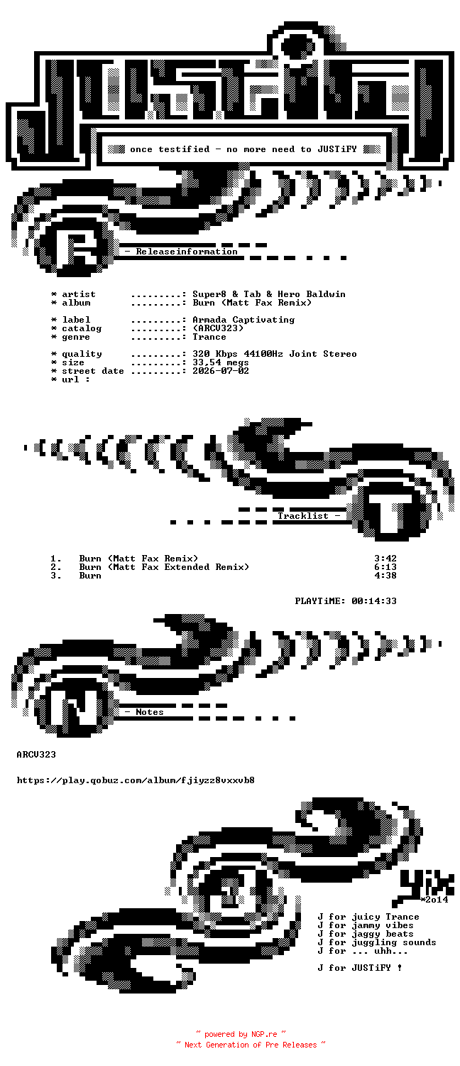 NFO for the release Super8_and_Tab_and_Hero_Baldwin_-_Burn_(Matt_Fax_Remix)-(ARCV323)-WEB-2026-JUSTiFY by JUSTiFY