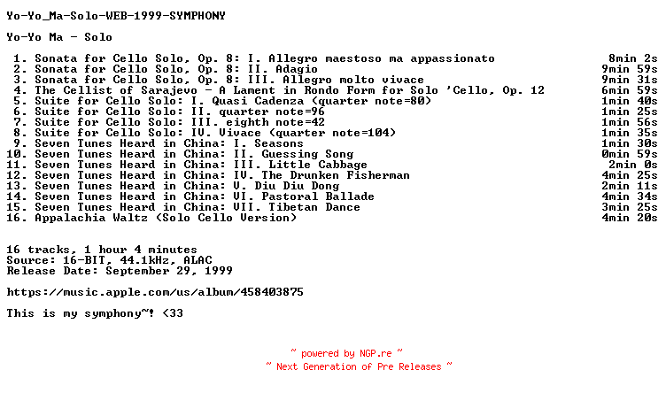 NFO for the release Yo-Yo_Ma-Solo-WEB-1999-SYMPHONY_INT by SYMPHONY_INT