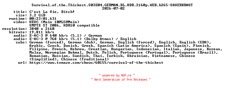 NFO for the release Survival.of.the.Thickest.S03E04.GERMAN.DL.HDR.2160p.WEB.h265-SAUERKRAUT by SAUERKRAUT