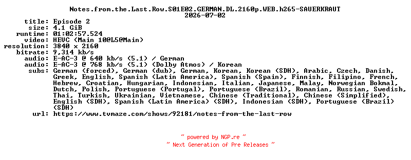 NFO for the release Notes.from.the.Last.Row.S01E02.GERMAN.DL.2160p.WEB.h265-SAUERKRAUT by SAUERKRAUT