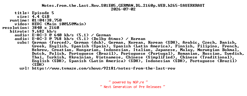 NFO for the release Notes.from.the.Last.Row.S01E05.GERMAN.DL.2160p.WEB.h265-SAUERKRAUT by SAUERKRAUT