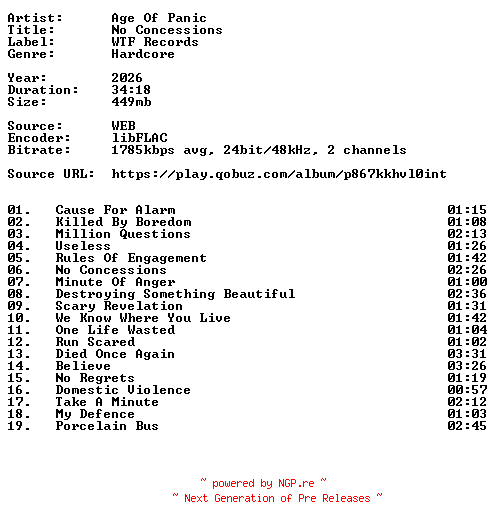 NFO for the release Age_Of_Panic-No_Concessions-24BIT-WEB-FLAC-2026-VEXED by VEXED