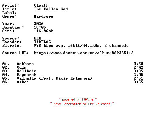 NFO for the release Cloath-The_Fallen_God-16BIT-WEB-FLAC-2026-VEXED by VEXED