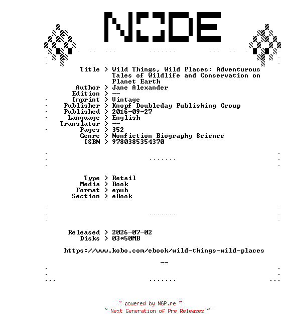 NFO for the release Jane.Alexander.Wild.Things.Wild.Places.Adventurous.Tales.of.Wildlife.and.Conservation.on.Planet.Earth.2016.RETAiL.EPUB.eBook-NODE by NODE