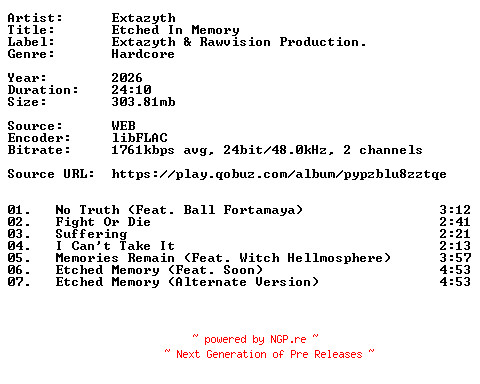 NFO for the release Extazyth-Etched_In_Memory-24BIT-WEB-FLAC-2026-VEXED by VEXED