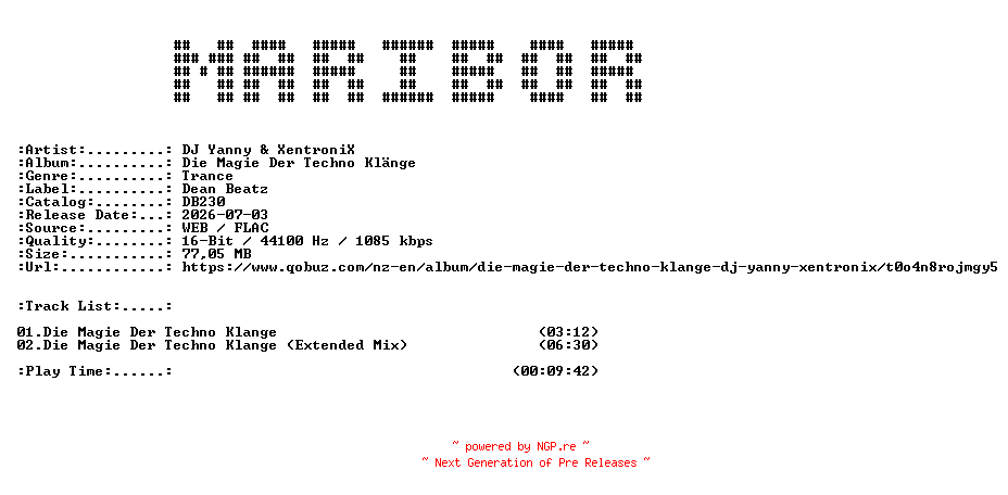 NFO for the release DJ_Yanny_and_XentroniX-Die_Magie_Der_Techno_Klaenge-(DB230)-DE-16BIT-WEB-FLAC-2026-MARiBOR by MARiBOR