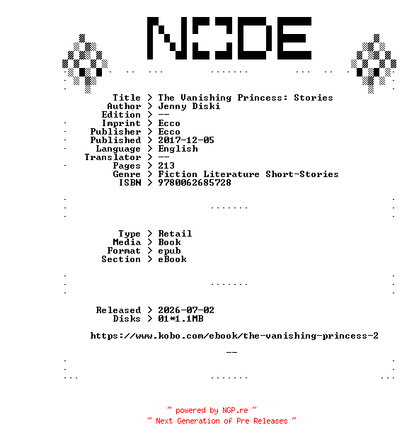 NFO for the release Jenny.Diski.The.Vanishing.Princess.Stories.2017.RETAiL.EPUB.eBook-NODE by NODE